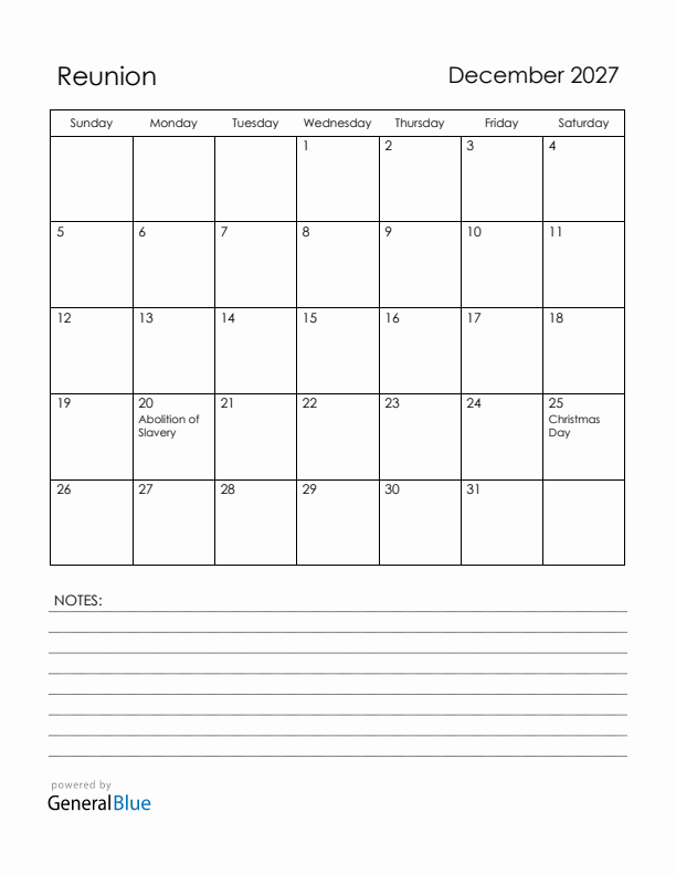 December 2027 Reunion Calendar with Holidays (Sunday Start)