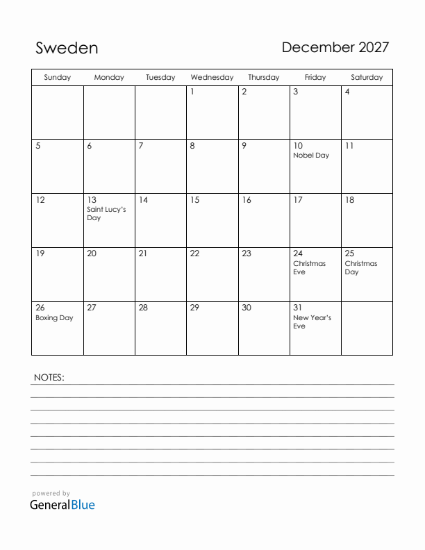 December 2027 Sweden Calendar with Holidays (Sunday Start)