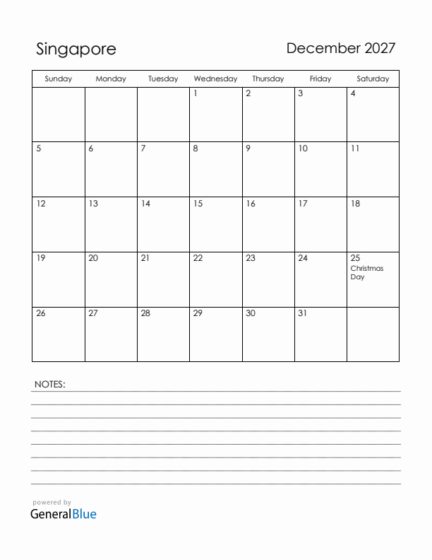 December 2027 Singapore Calendar with Holidays (Sunday Start)