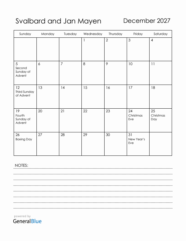 December 2027 Svalbard and Jan Mayen Calendar with Holidays (Sunday Start)