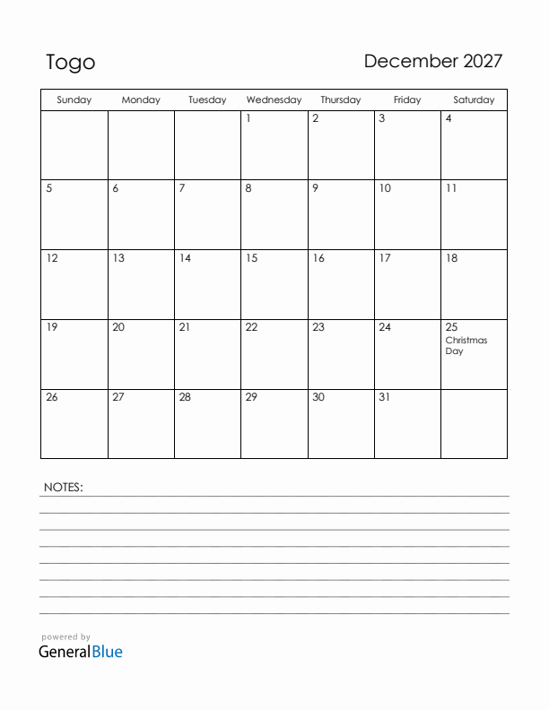 December 2027 Togo Calendar with Holidays (Sunday Start)