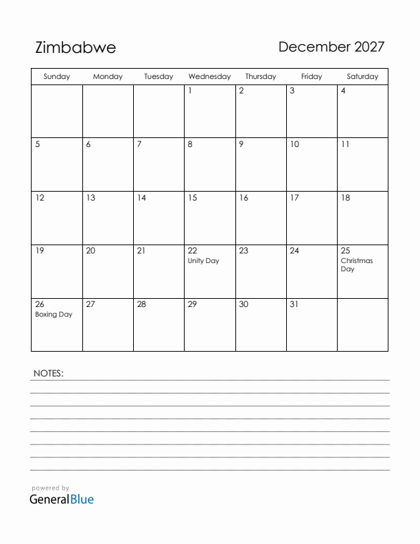 December 2027 Zimbabwe Calendar with Holidays (Sunday Start)