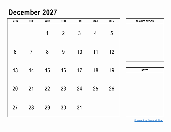 December 2027 Calendar Planner