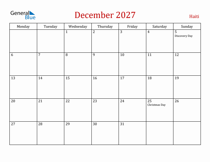 Haiti December 2027 Calendar - Monday Start