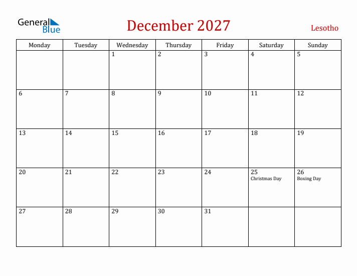 Lesotho December 2027 Calendar - Monday Start