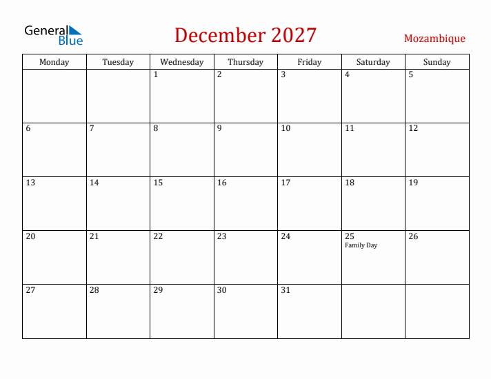 Mozambique December 2027 Calendar - Monday Start