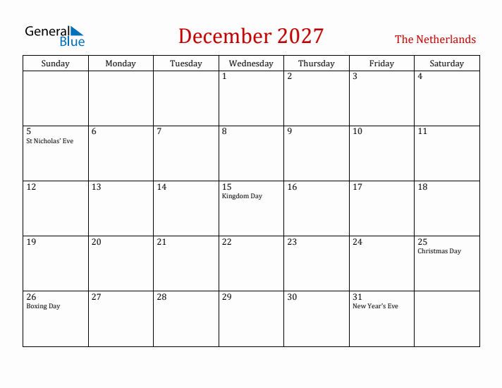 The Netherlands December 2027 Calendar - Sunday Start