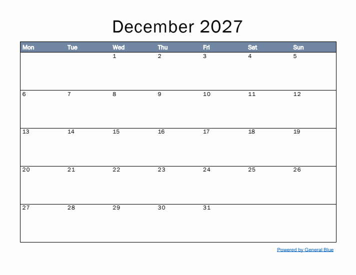 December 2027 Simple Month Calendar Template