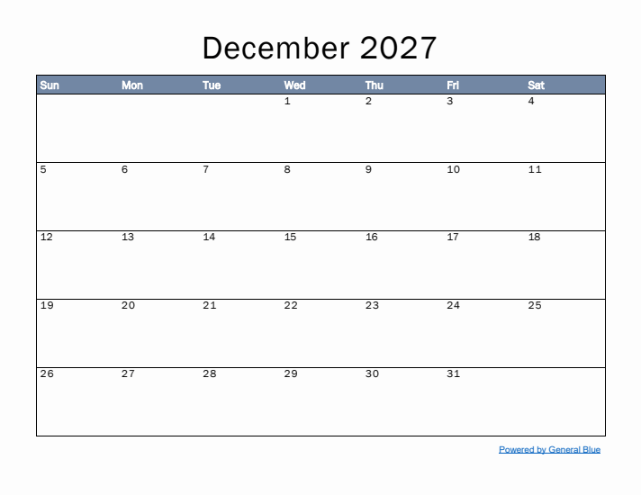 December 2027 Simple Month Calendar Template