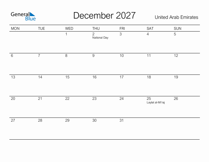 Printable December 2027 Calendar for United Arab Emirates