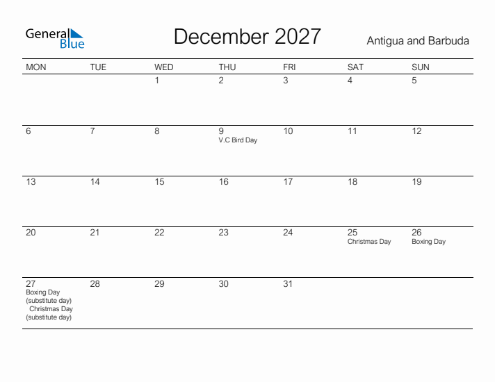 Printable December 2027 Calendar for Antigua and Barbuda