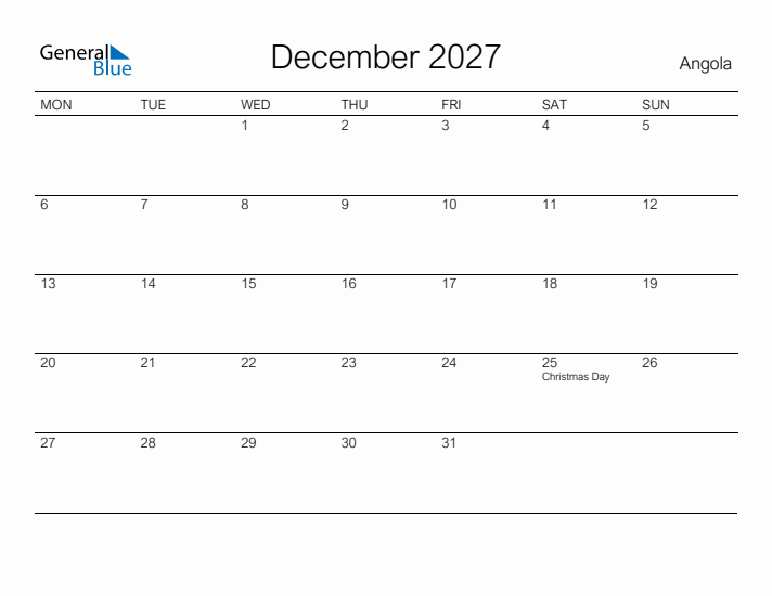 Printable December 2027 Calendar for Angola