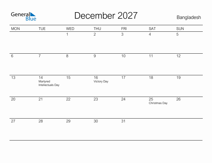 Printable December 2027 Calendar for Bangladesh