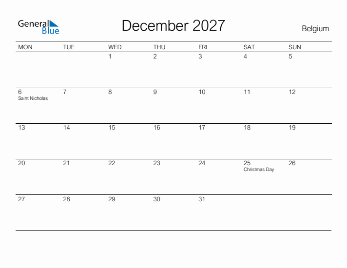 Printable December 2027 Calendar for Belgium