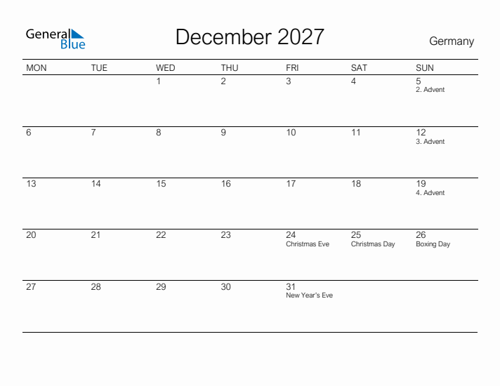 Printable December 2027 Calendar for Germany