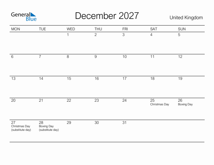 Printable December 2027 Calendar for United Kingdom