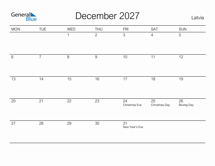 Printable December 2027 Calendar for Latvia