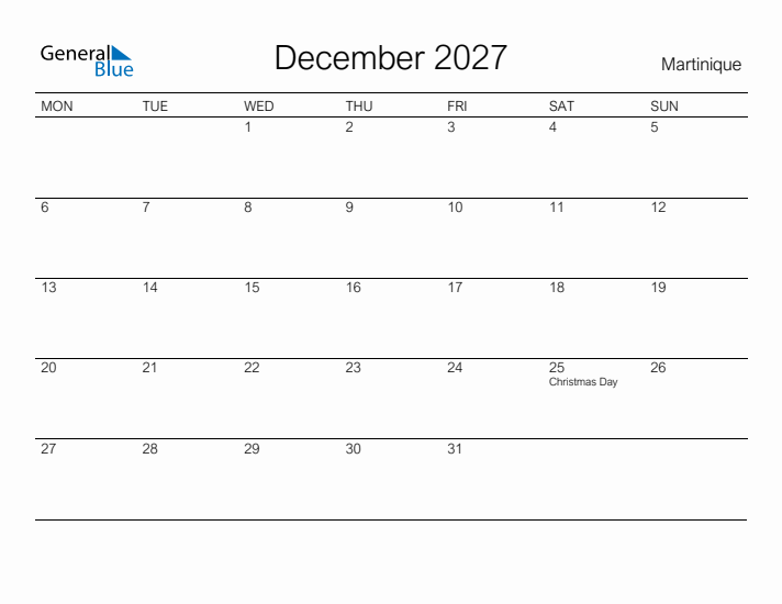 Printable December 2027 Calendar for Martinique