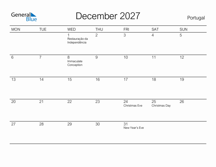 Printable December 2027 Calendar for Portugal