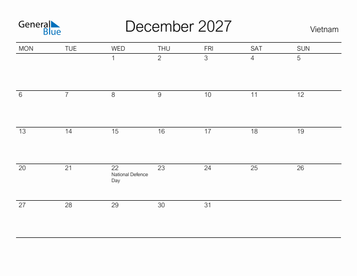 Printable December 2027 Calendar for Vietnam