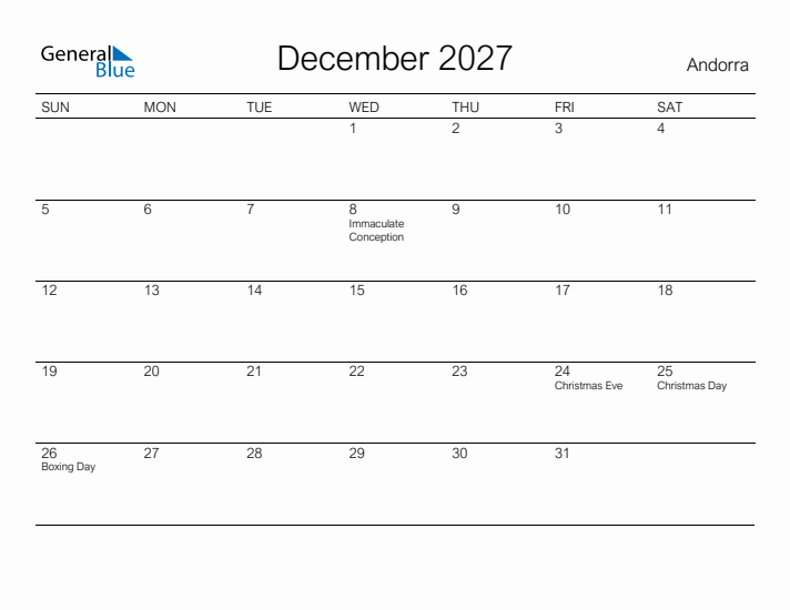 Printable December 2027 Calendar for Andorra