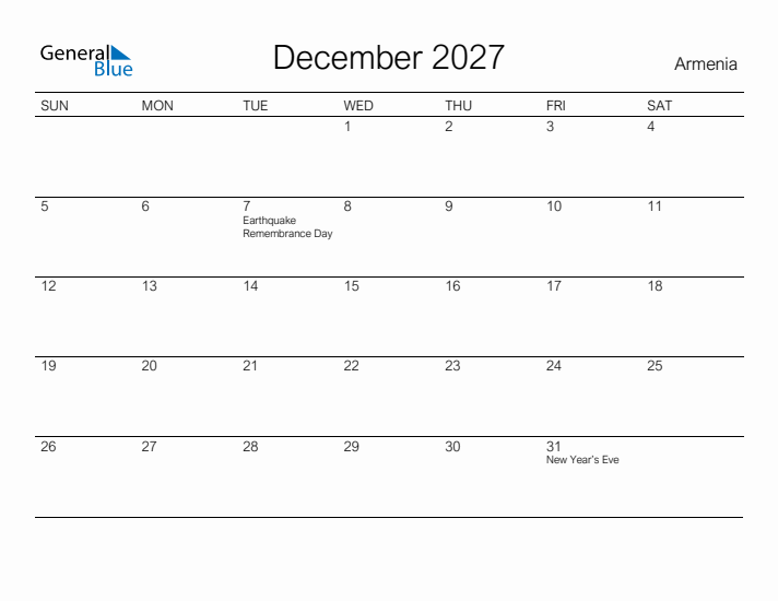 Printable December 2027 Calendar for Armenia