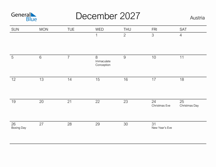 Printable December 2027 Calendar for Austria