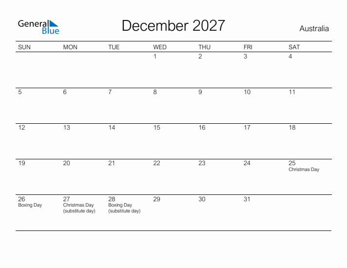 Printable December 2027 Calendar for Australia