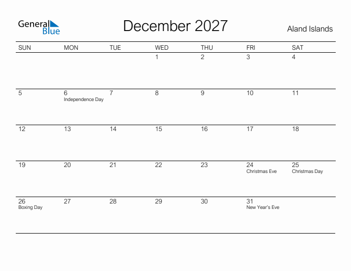 Printable December 2027 Calendar for Aland Islands