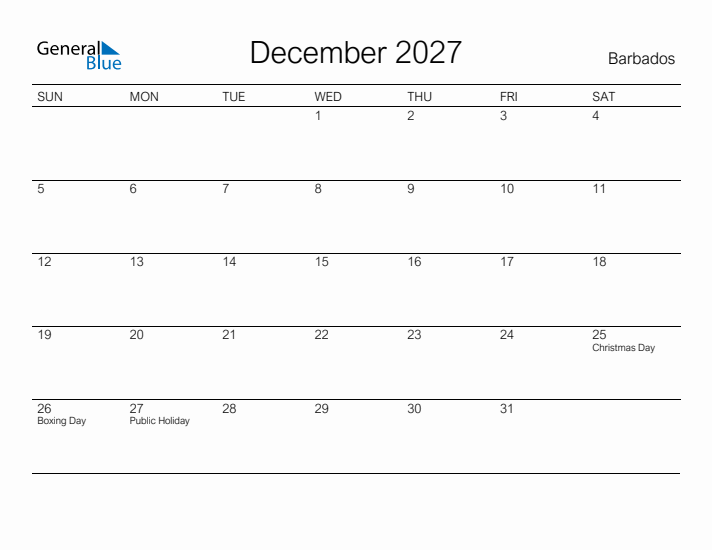 Printable December 2027 Calendar for Barbados