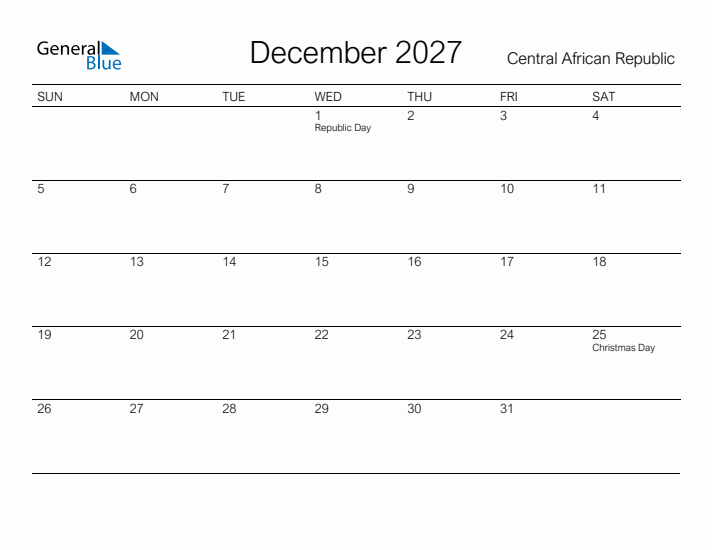 Printable December 2027 Calendar for Central African Republic