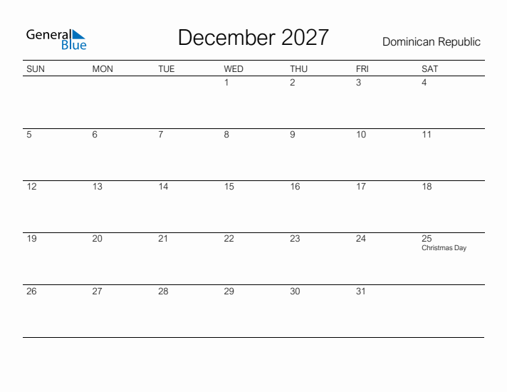 Printable December 2027 Calendar for Dominican Republic