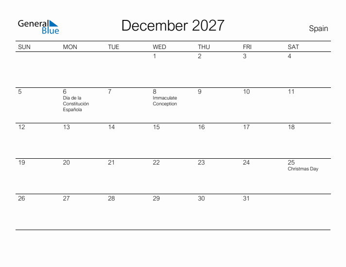 Printable December 2027 Calendar for Spain