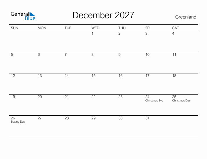 Printable December 2027 Calendar for Greenland