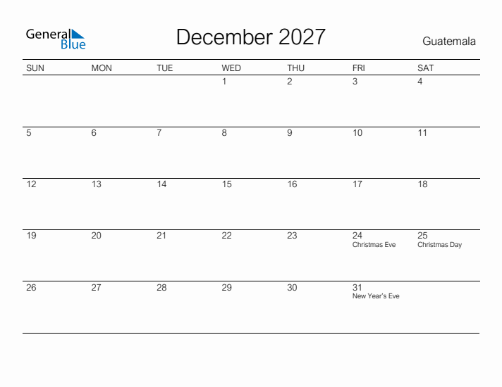 Printable December 2027 Calendar for Guatemala