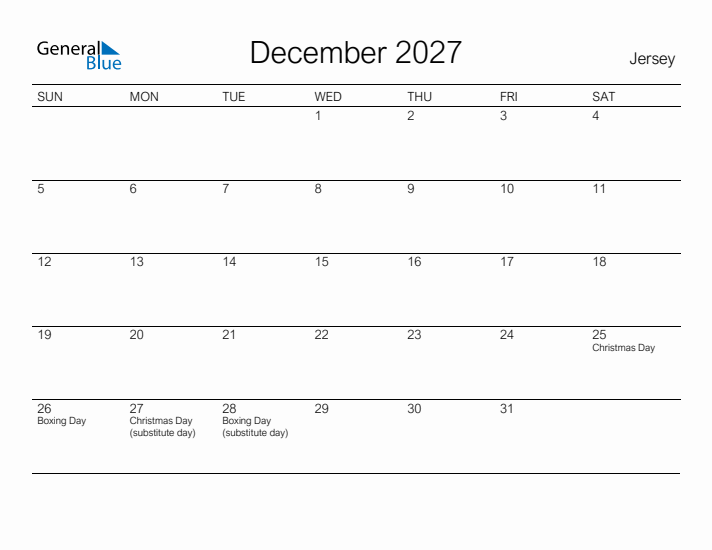 Printable December 2027 Calendar for Jersey