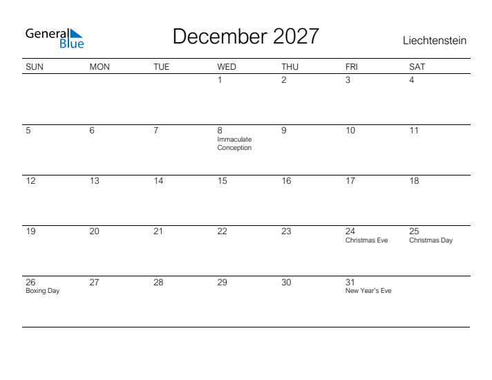 Printable December 2027 Calendar for Liechtenstein