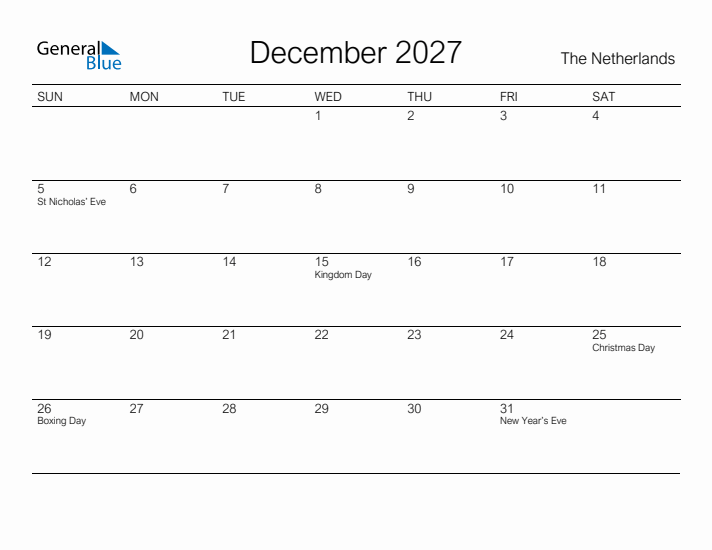 Printable December 2027 Calendar for The Netherlands