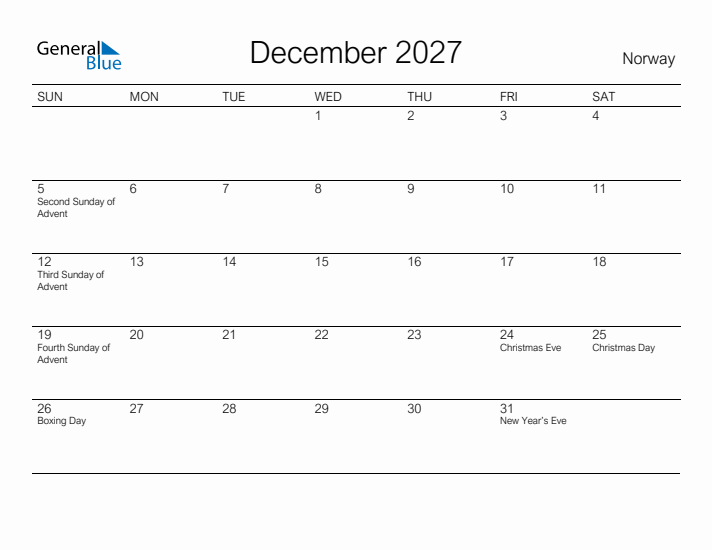 Printable December 2027 Calendar for Norway