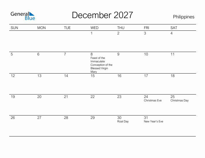 Printable December 2027 Calendar for Philippines