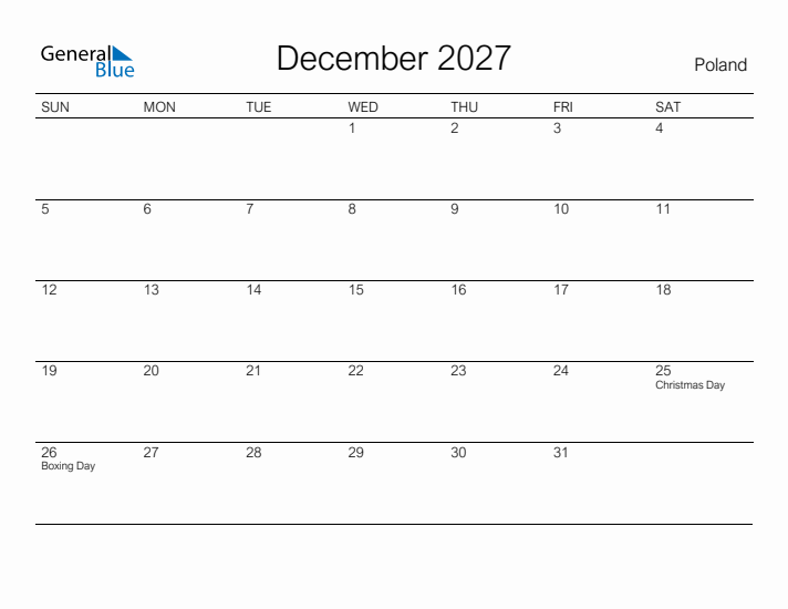 Printable December 2027 Calendar for Poland