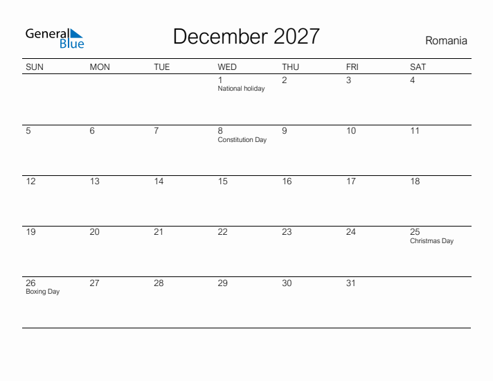 Printable December 2027 Calendar for Romania