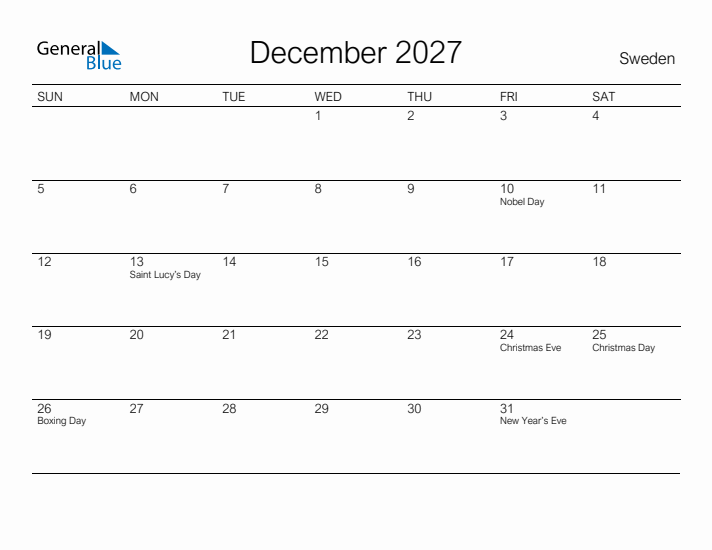 Printable December 2027 Calendar for Sweden