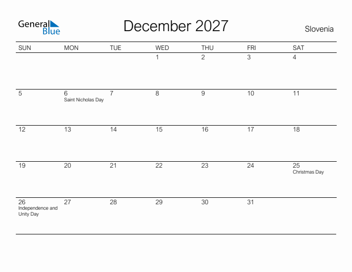 Printable December 2027 Calendar for Slovenia