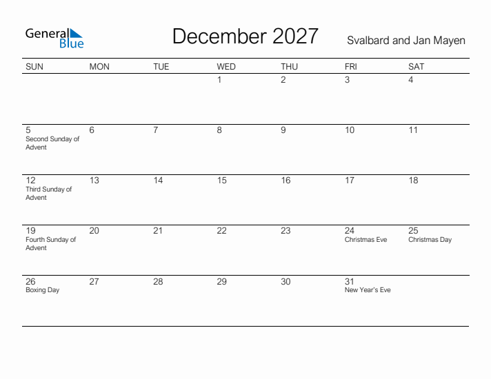 Printable December 2027 Calendar for Svalbard and Jan Mayen