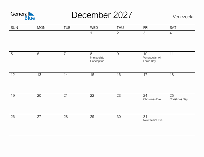 Printable December 2027 Calendar for Venezuela