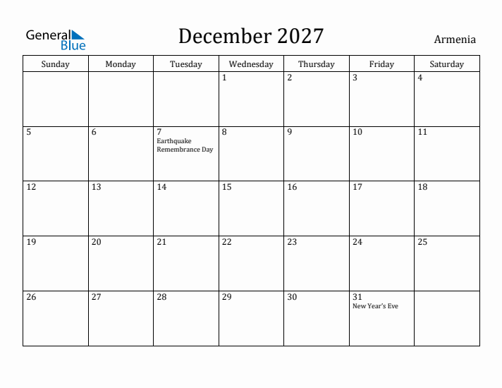 December 2027 Calendar Armenia