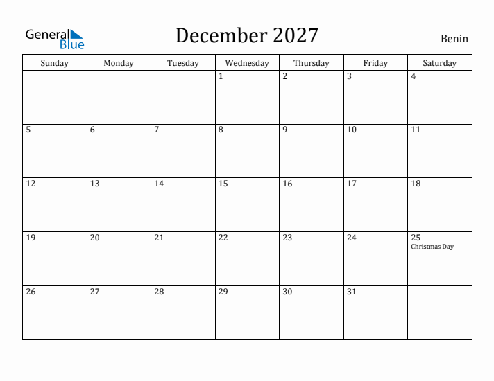 December 2027 Calendar Benin