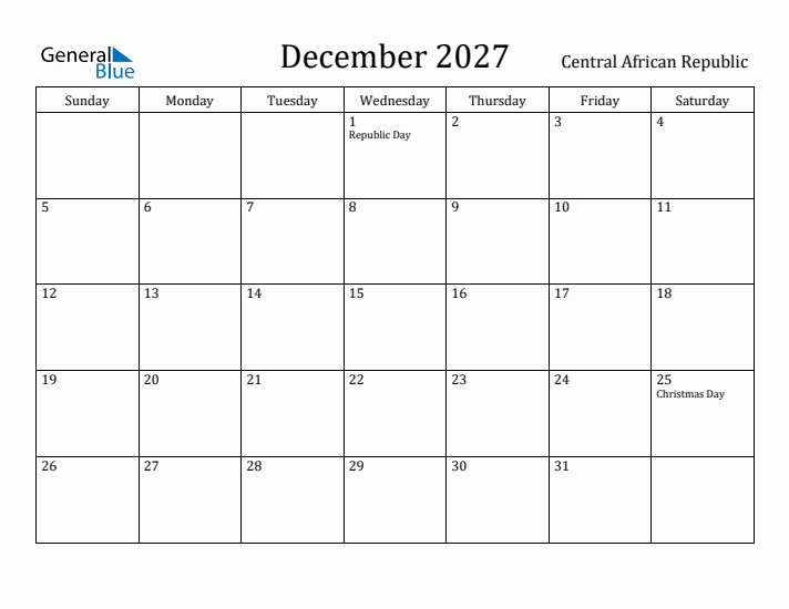 December 2027 Calendar Central African Republic