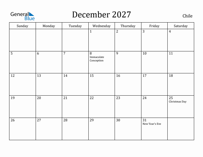 December 2027 Calendar Chile